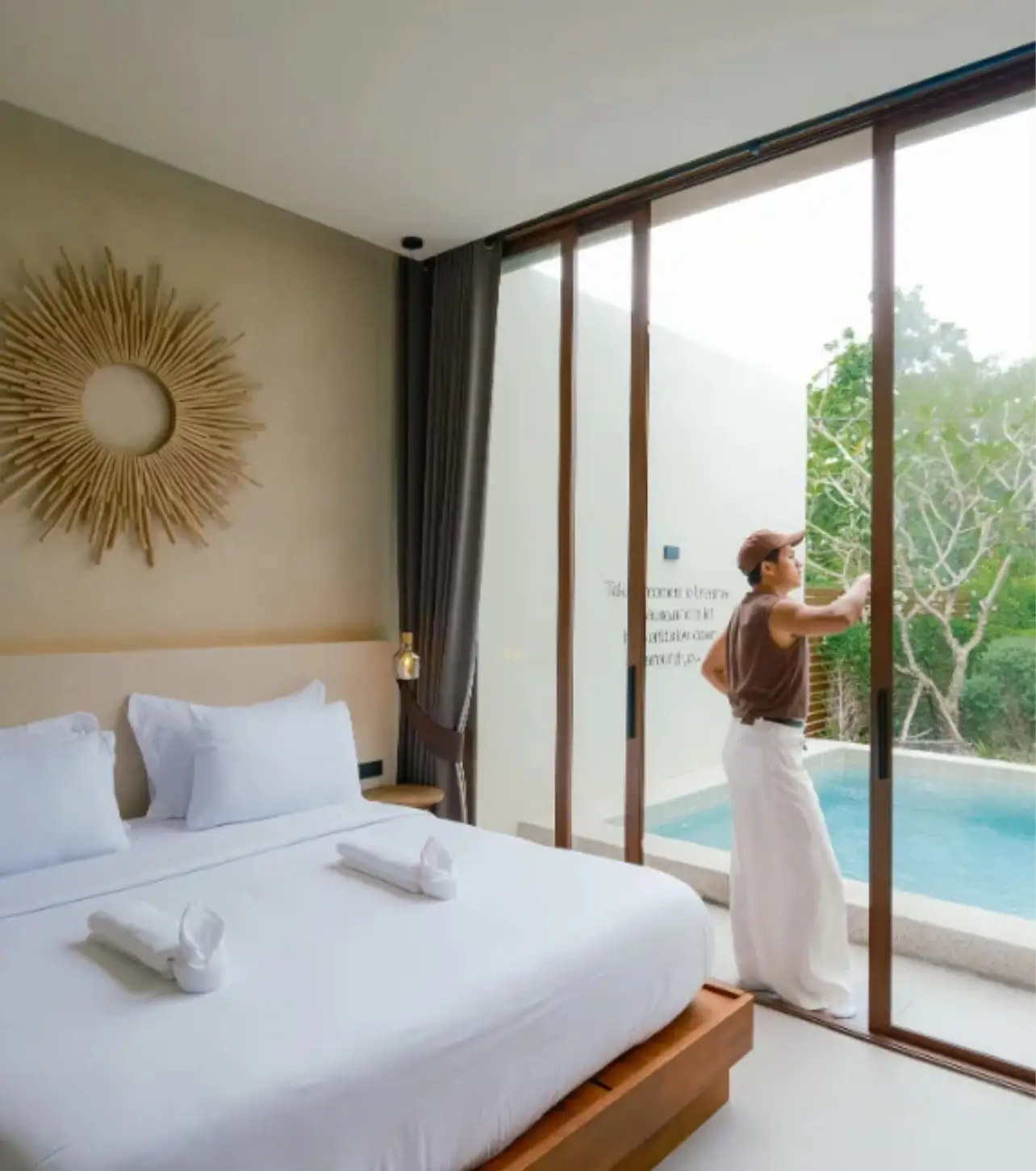Bedroom with glass doors to the pool