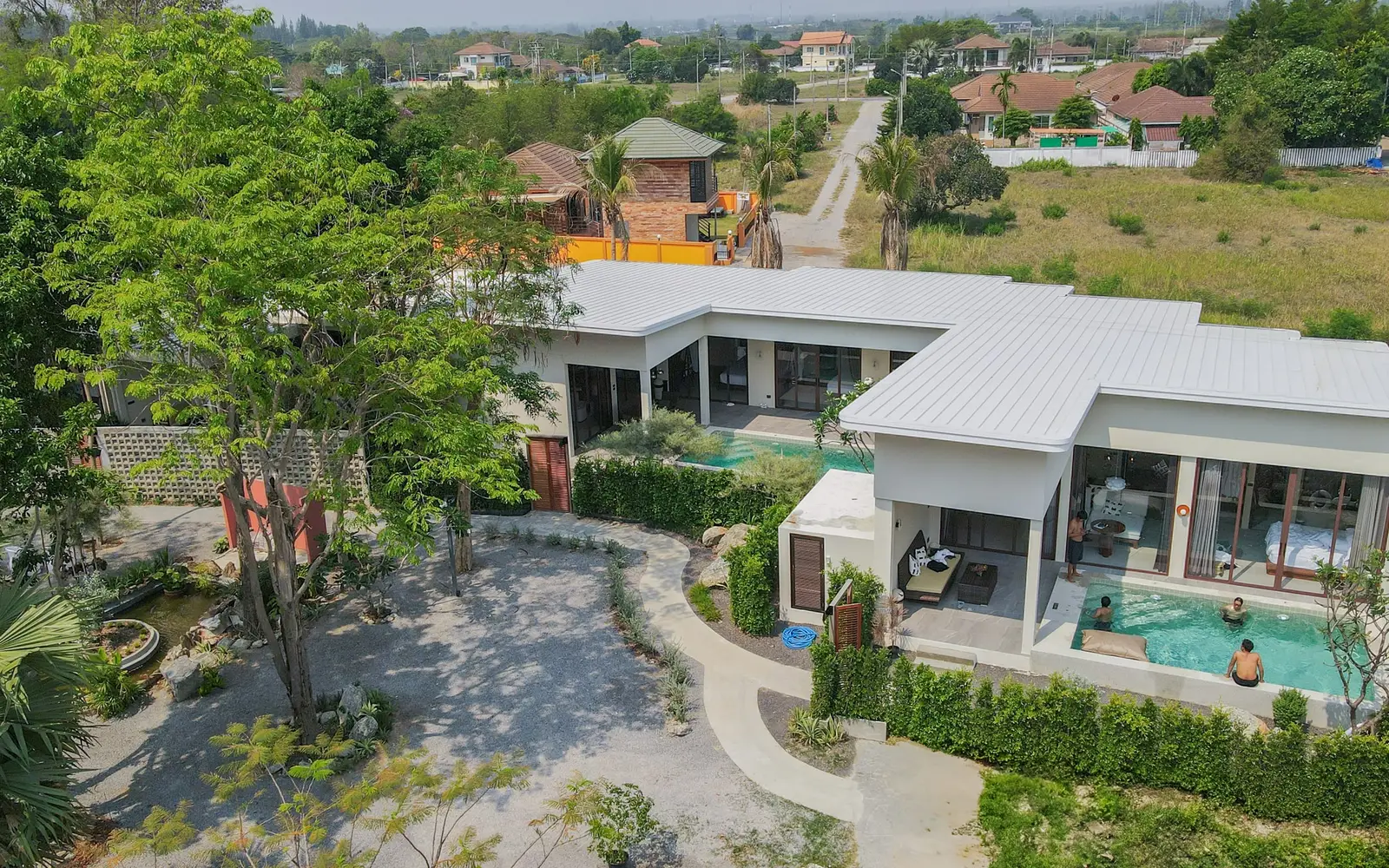 Aerial view of the villas and shared garden