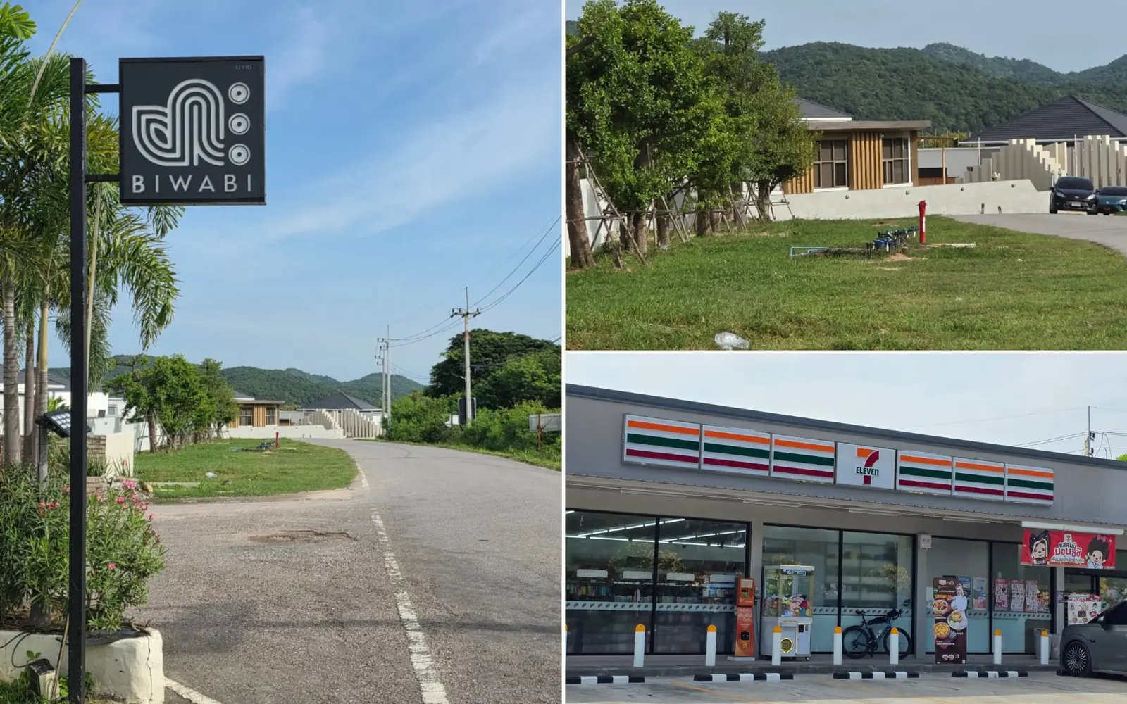 The Biwabi sign, mountain view and the nearby 7-Eleven